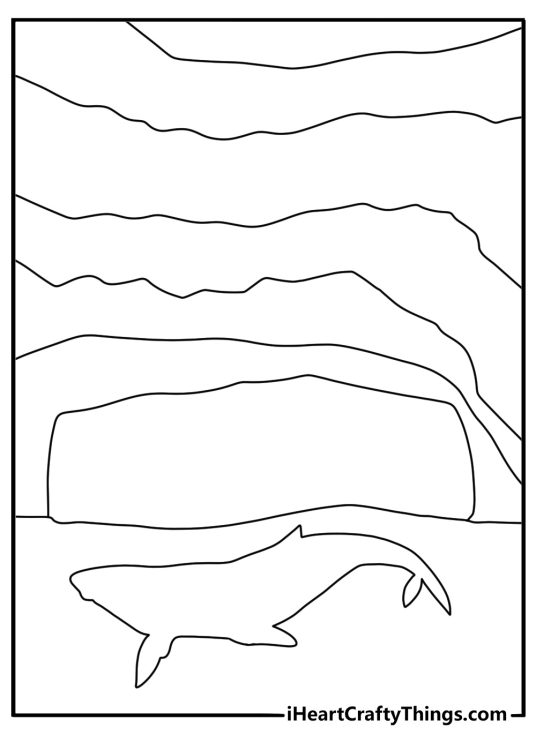 Ice cave with glowing walls and whale silhouette simple coloring page