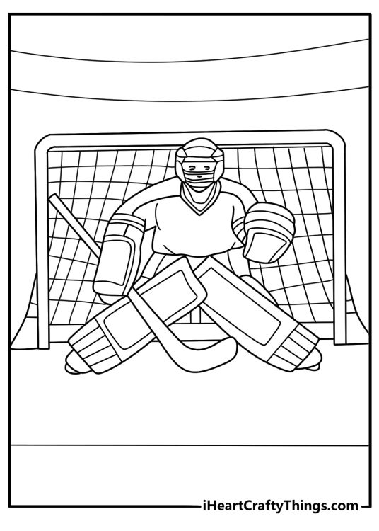 Ice hockey goalie with stick and pads in crease coloring sheet for kids