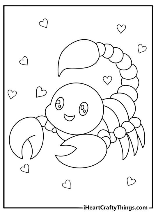 Kawaii scorpion with tiny heart accents cute coloring page for kids