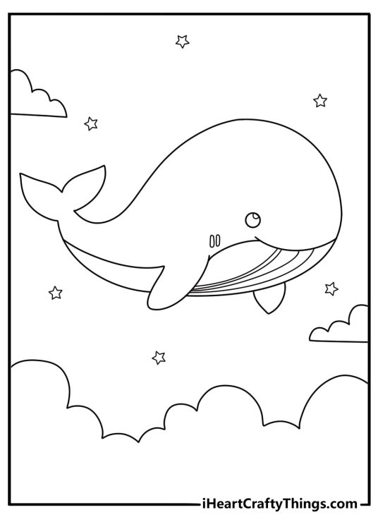 Kawaii whale floating among clouds dreamy coloring page for kids