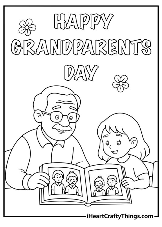 Kids can color grandpa showing old family photos to a grandchild