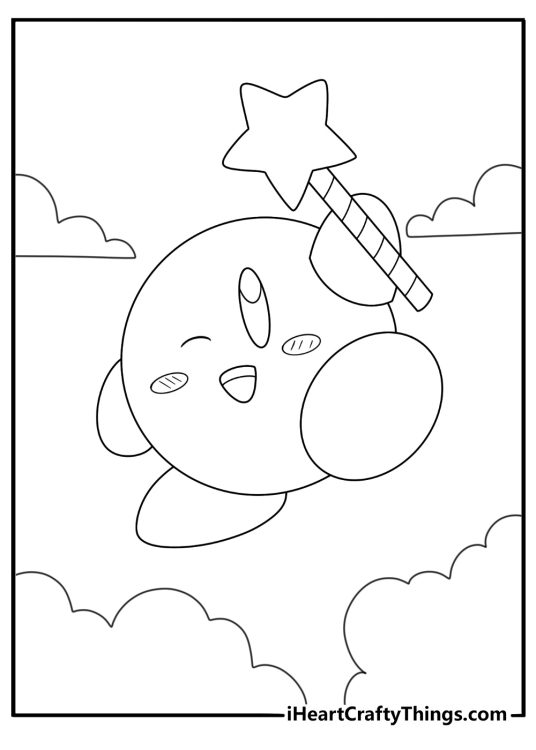 Kirby floating with a star rod in the night sky cute coloring page for kids