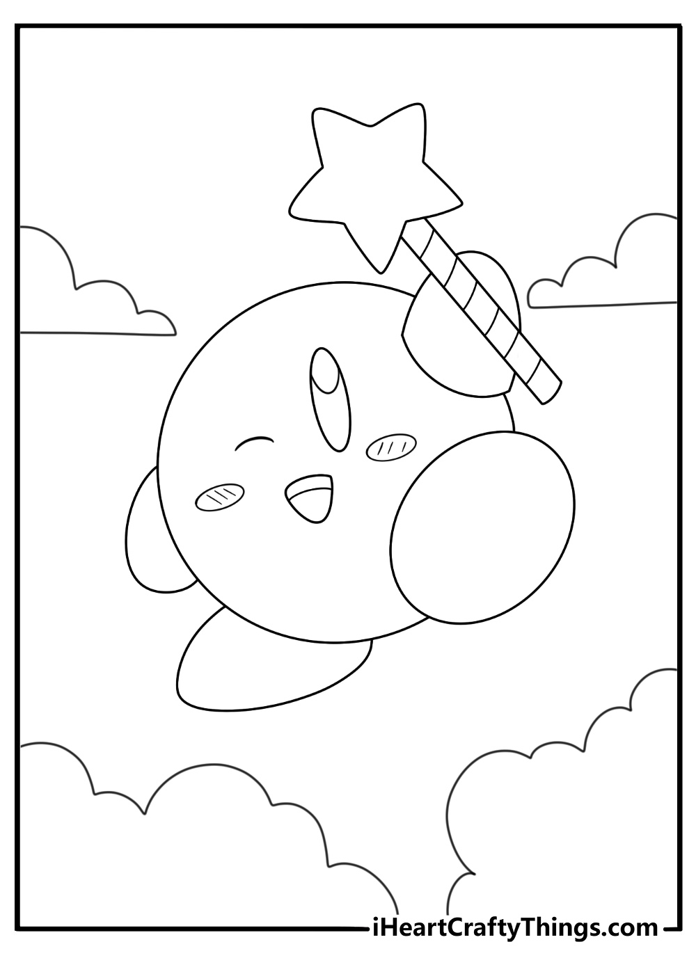 Kirby floating with a star rod in the night sky cute coloring page for kids