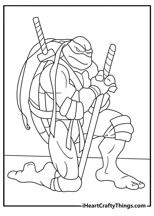 Leonardo Teenage Mutant Ninja Turtles practicing katana forms in a sewer dojo detailed coloring page