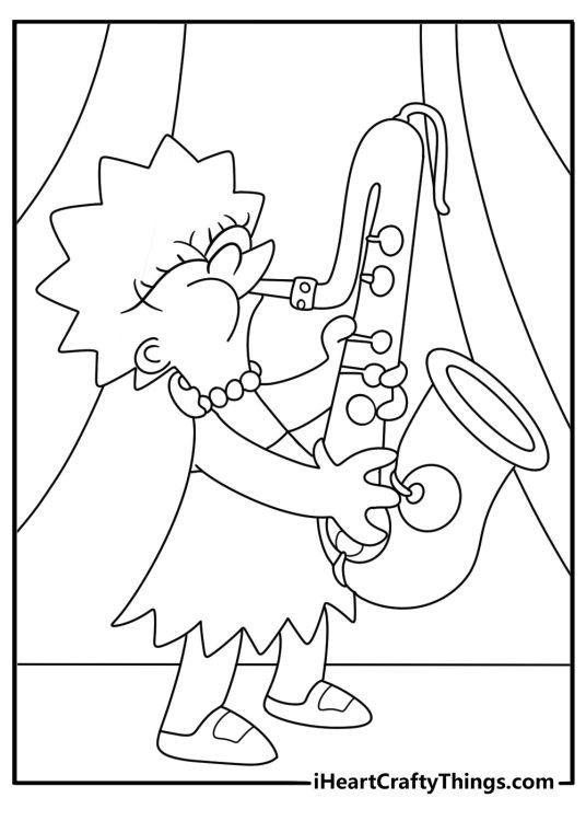 Lisa Simpson playing saxophone on a small stage music coloring sheet pdf
