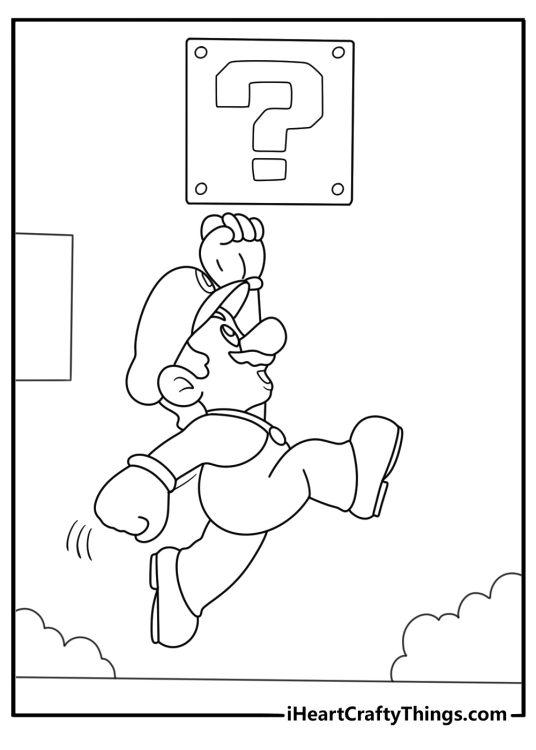 Mario hitting a question block near brick pipes platform coloring sheet