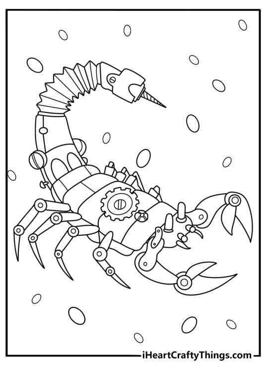 Mechanical robot scorpion with gears tech themed coloring page for adults