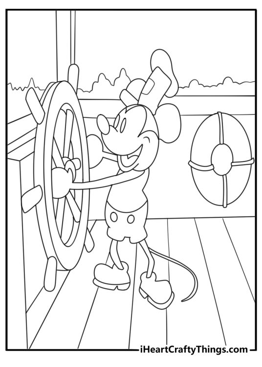 Mickey Mouse steering a ship classic cartoon coloring page printable