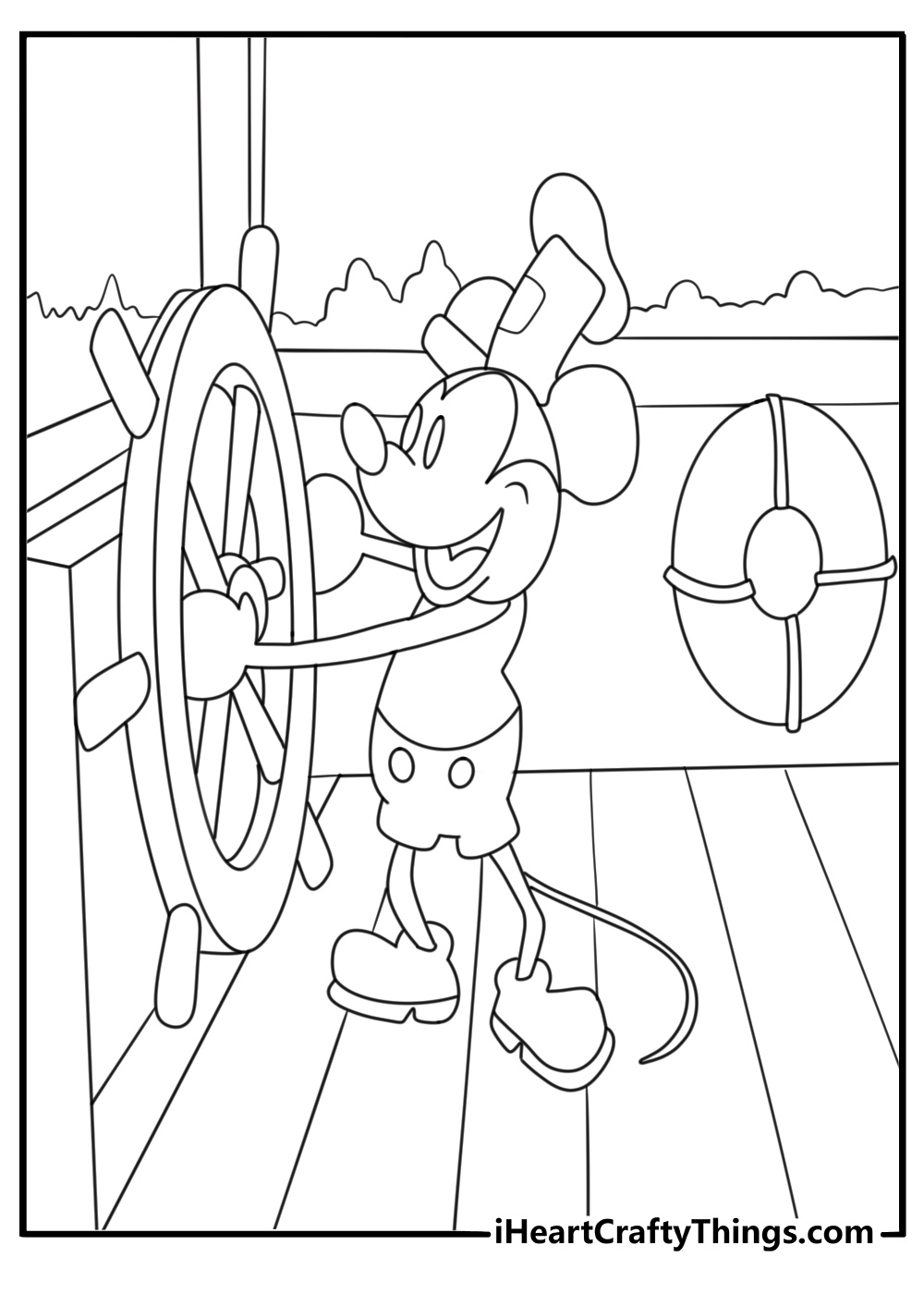 Mickey Mouse steering a ship classic cartoon coloring page printable