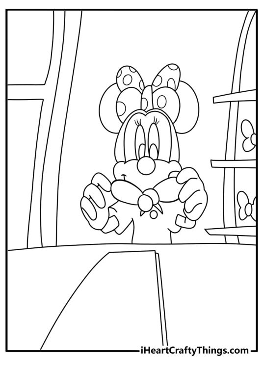 Minnie Mouse tying a bow in her boutique cute coloring sheet for kids