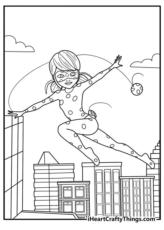 Miraculous Ladybug swinging with yo yo over rooftops hero coloring sheet