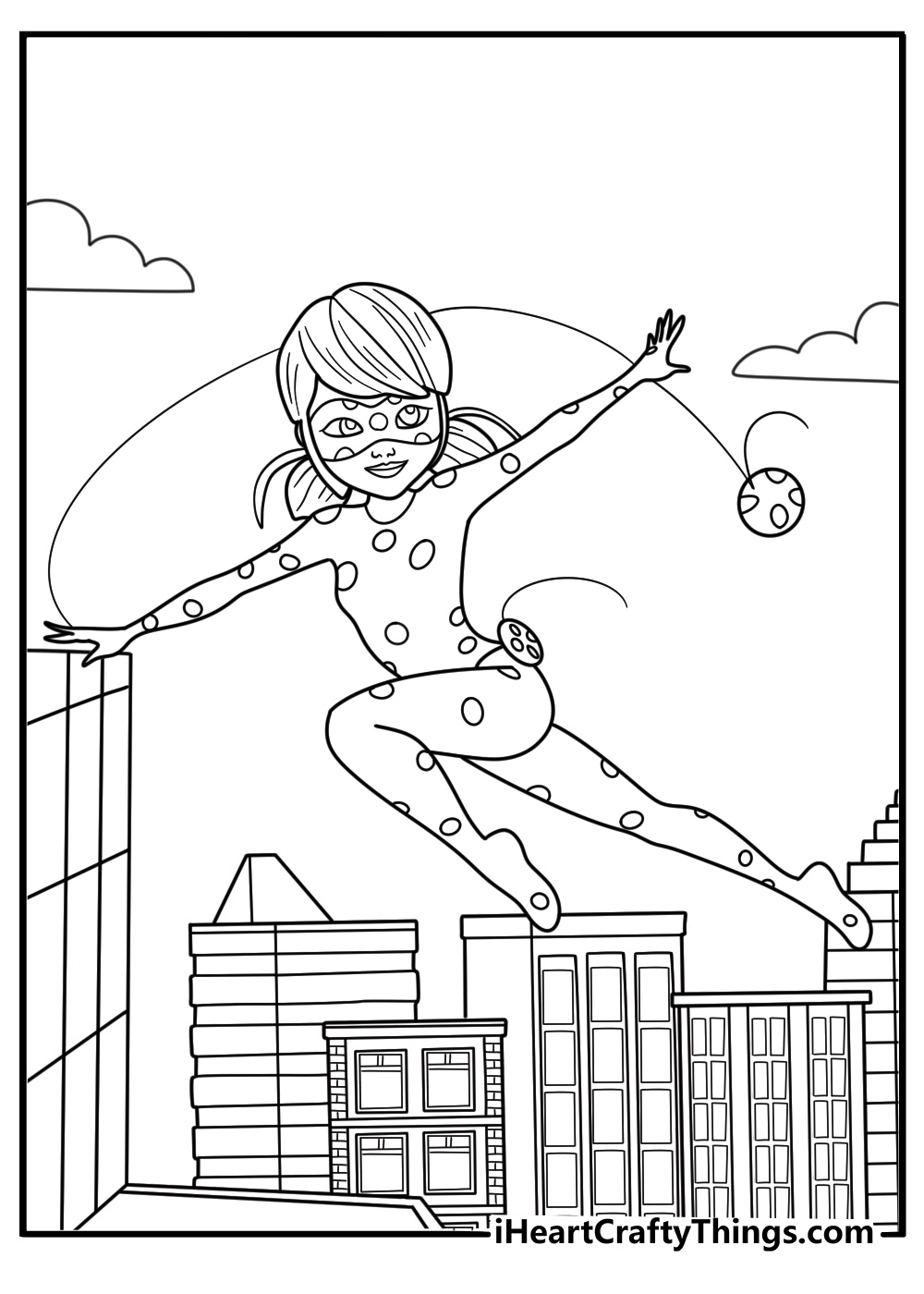 Miraculous Ladybug swinging with yo yo over rooftops hero coloring sheet