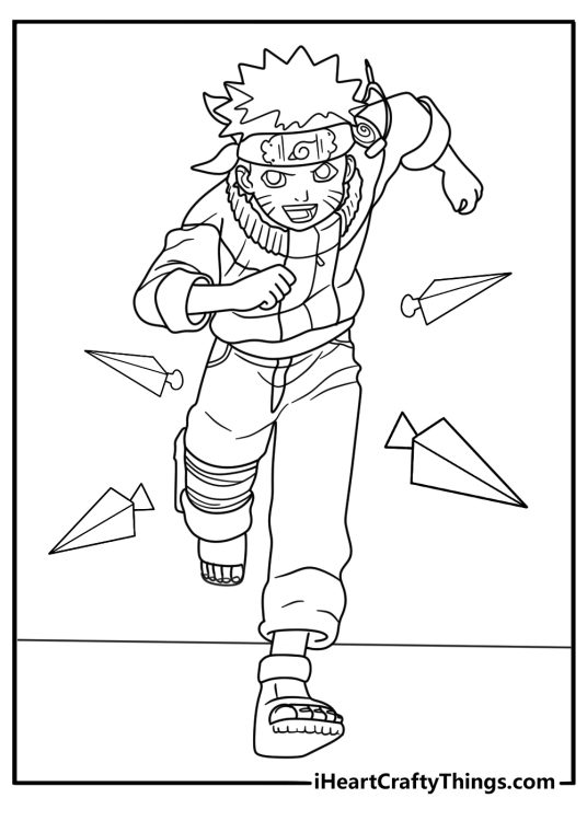 Naruto running with headband and kunai in a training field coloring sheet for kids