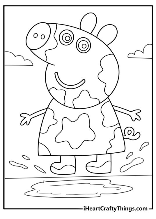 Peppa Pig jumping in a muddy puddle farmyard coloring sheet for toddlers