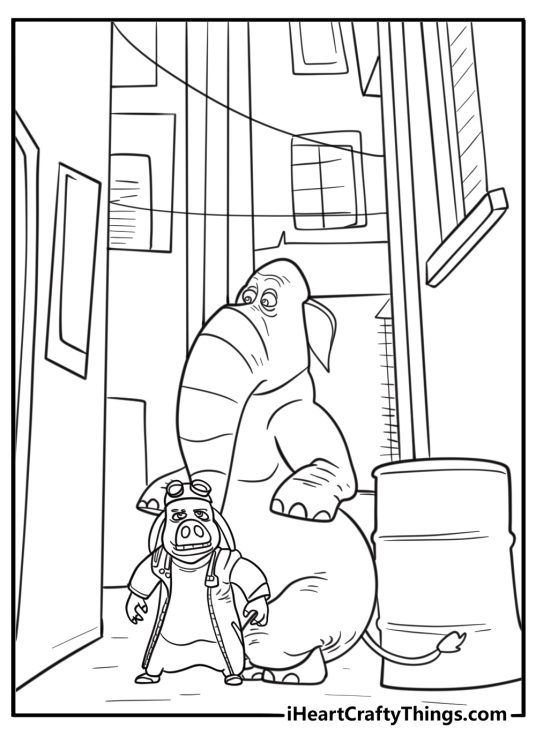 Pickles escaping through an alley while Hitpig follows printable coloring page