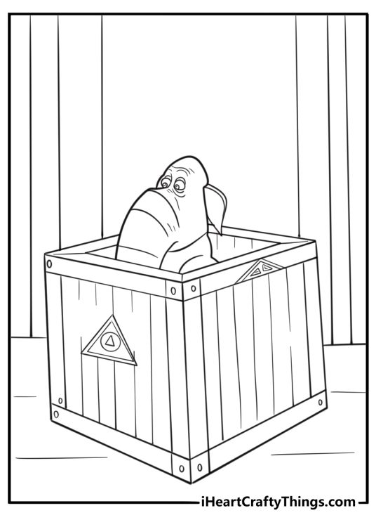 Pickles hiding inside a crate with stickers fun coloring page for kids