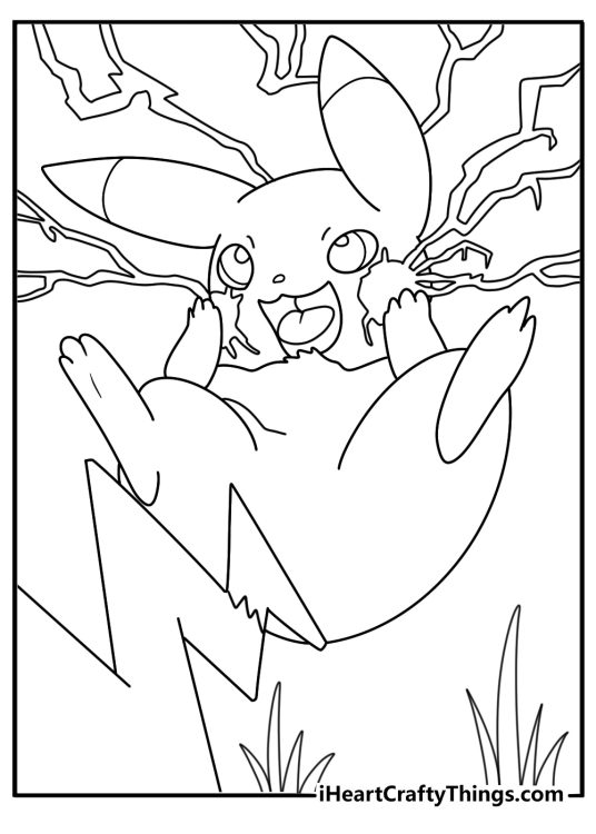 Pikachu using electric sparks near a forest path anime coloring page printable