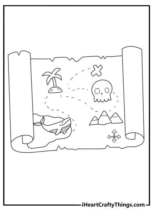Pirate map with whale drawing and treasure marks fun coloring sheet