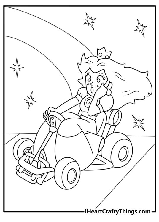 Princess Peach driving a kart on a simple track racing coloring printable