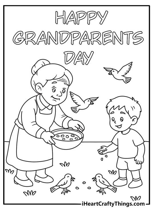 Printable Grandparents Day page with grandma and child feeding birds