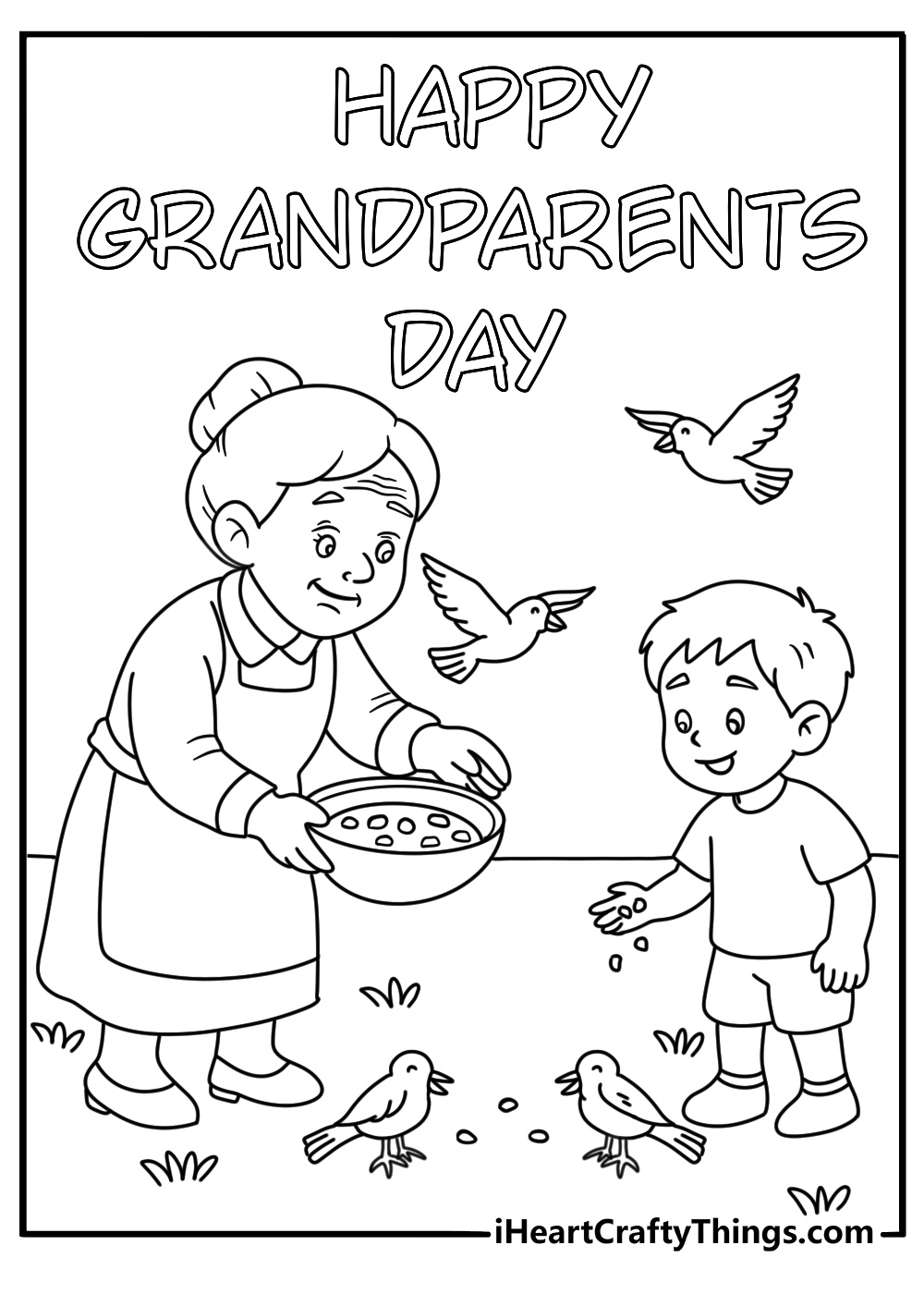 Printable Grandparents Day page with grandma and child feeding birds
