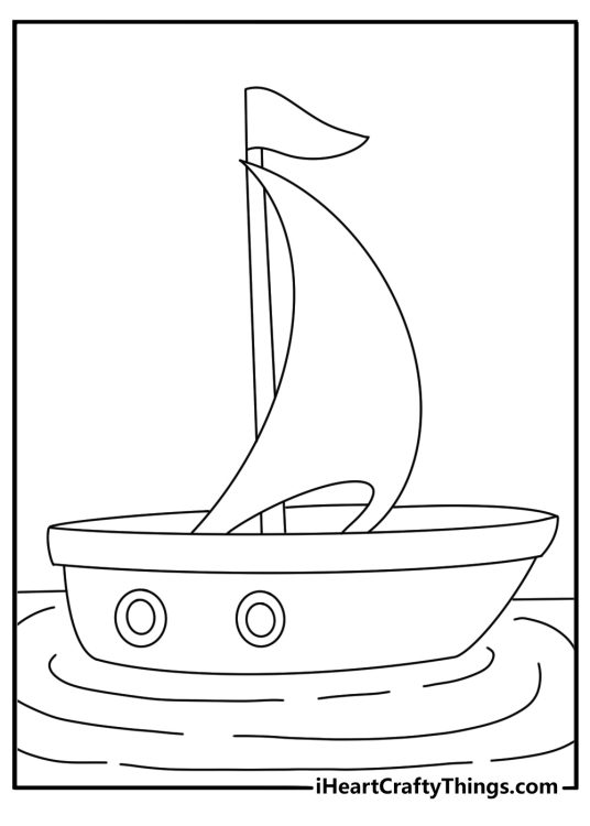 Printable coloring page of a toy sailboat floating in a pond