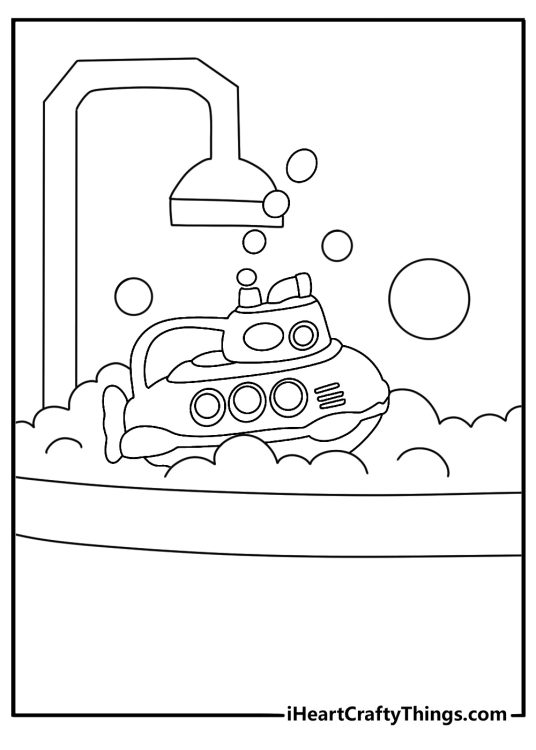 Printable coloring page of a toy submarine under bathtub bubbles