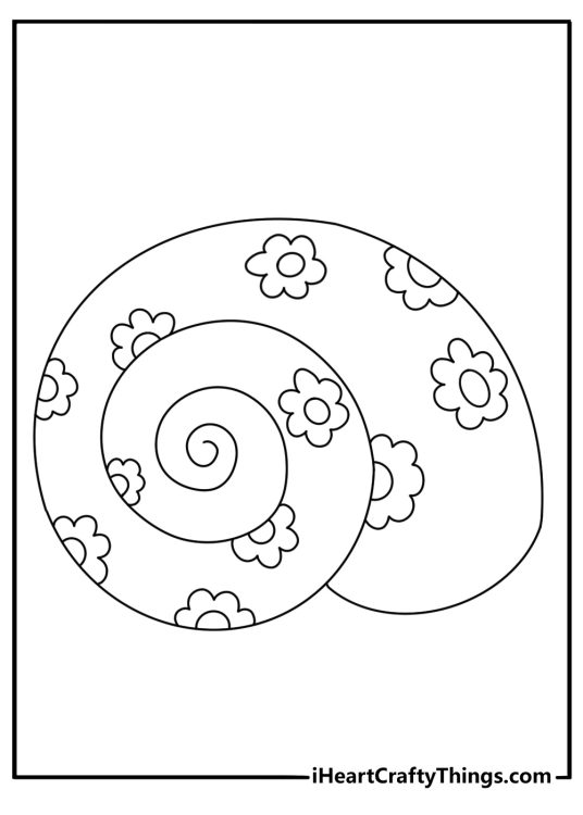 Printable snail coloring page with a snail shell full of flower patterns