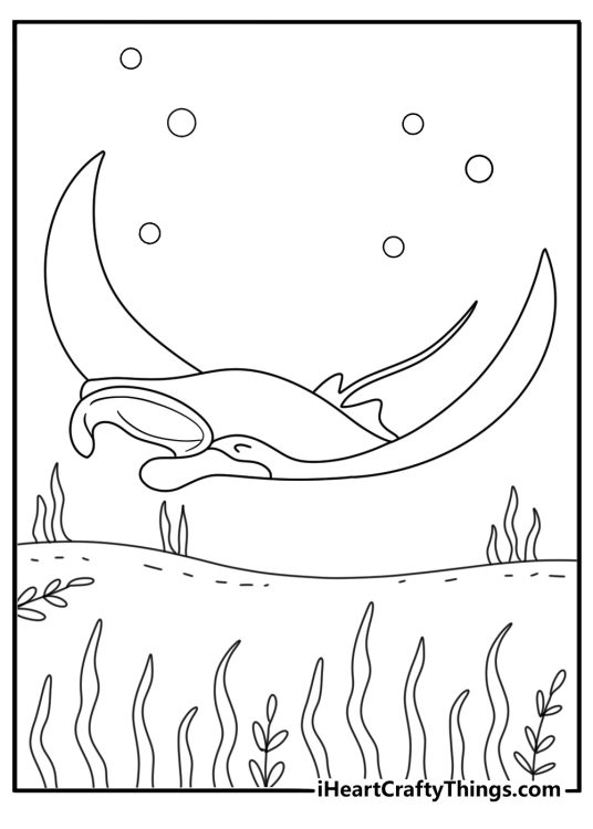Printable stingray coloring page showing a ray beside sea grass