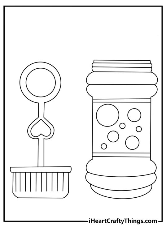Printable toy coloring page with a bubble wand and soap bottle