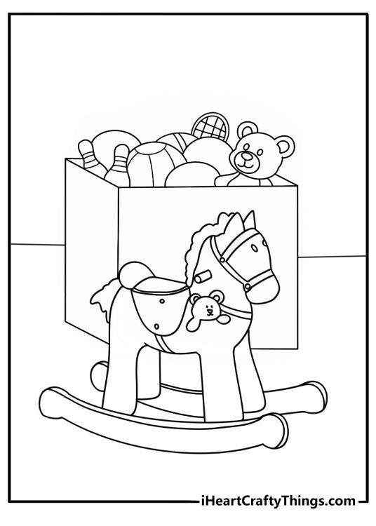 Printable toy coloring page with a rocking horse beside a toy chest