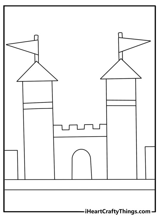 Printable toy coloring sheet with a toy castle and tiny flags