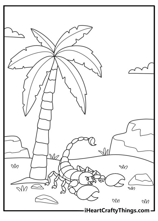 Scorpion at an oasis with palm trees easy coloring page PDF
