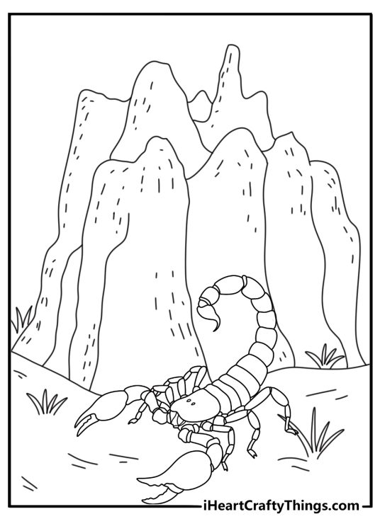 Scorpion near a tall termite mound detailed coloring page printable