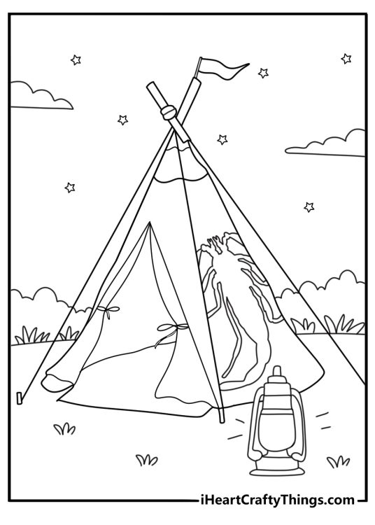 Scorpion shadow on tent wall with camp lantern camping coloring page for adults