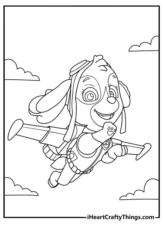 Skye from Paw Patrol flying with pup pack over a bay easy coloring sheet