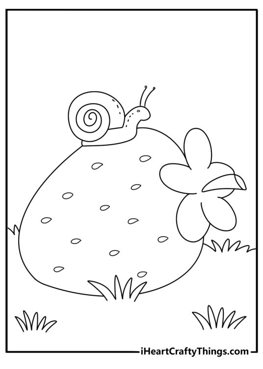 Snail coloring page with a snail resting on a strawberry