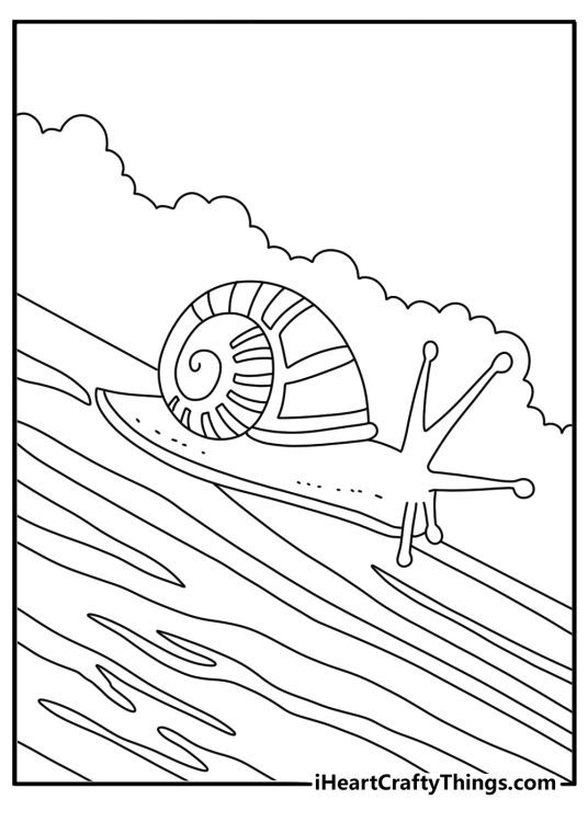 Snail coloring pages scene with a snail family near a mossy log