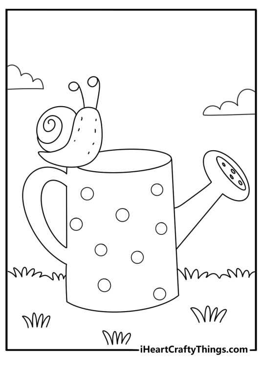 Snail coloring sheet with a snail beside a watering can