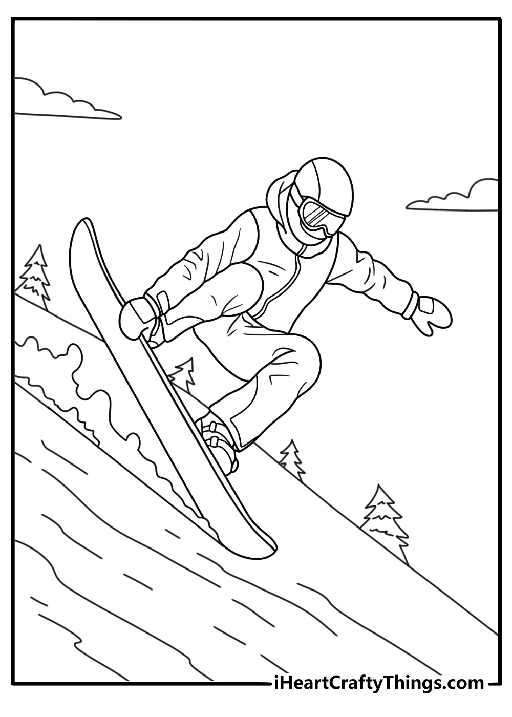 Snowboard downhill slope with pine trees and jump coloring sheet download