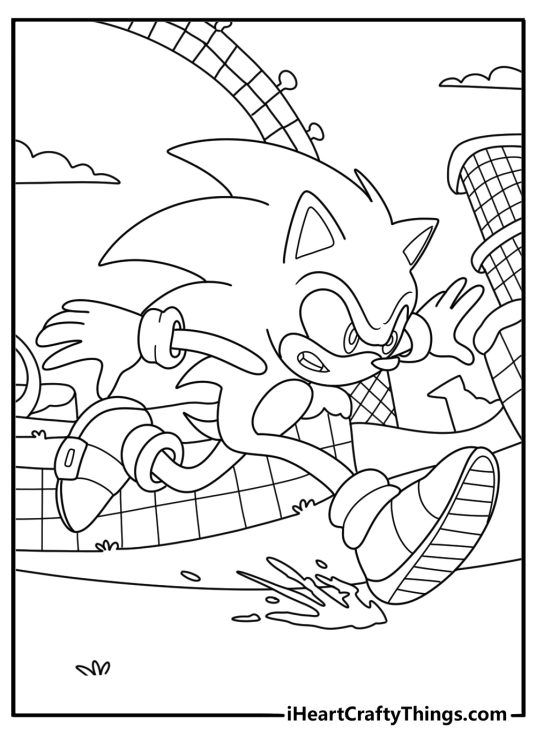 Sonic the Hedgehog racing through a looped hill with rings fast coloring page
