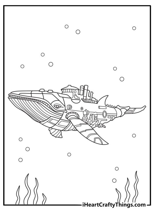 Steampunk whale with gears and pipes fantasy coloring page for adults