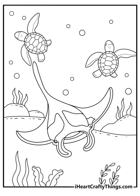 Stingray coloring page for kids showing a ray swimming past a sea turtle