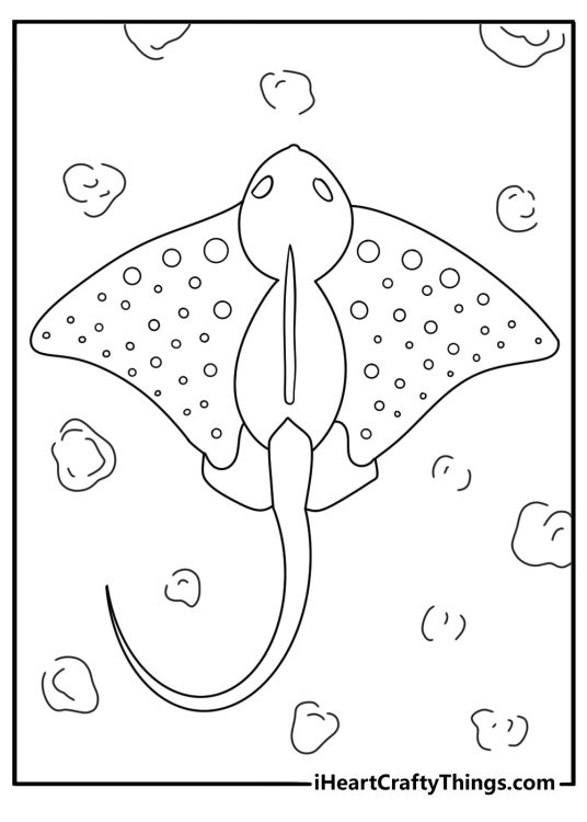 Stingray coloring page showing a ray crossing a lagoon floor