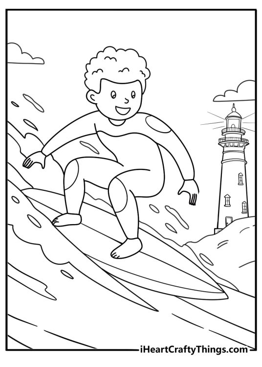 Surfboard rider on ocean wave near lighthouse detailed coloring page for adults PDF