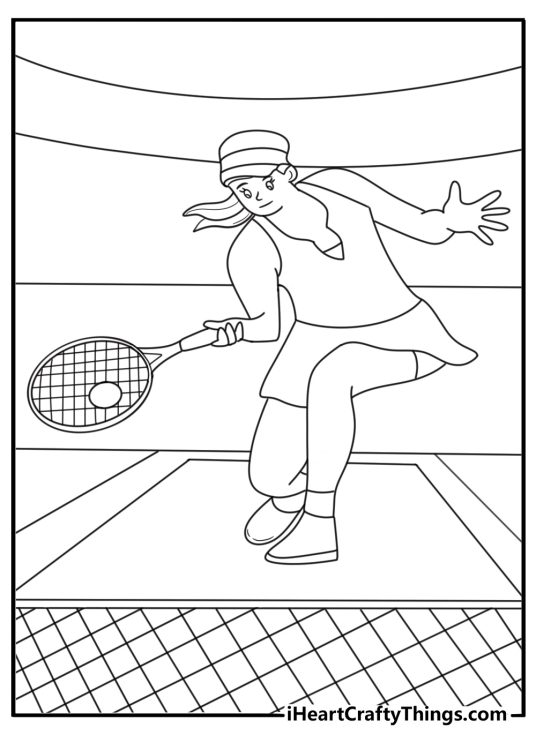 Tennis player swinging racket on baseline detailed coloring page for adults PDF