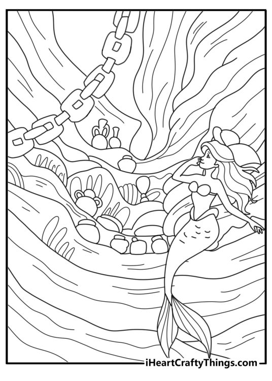 The Little Mermaid undersea grotto with treasures cute coloring page pdf