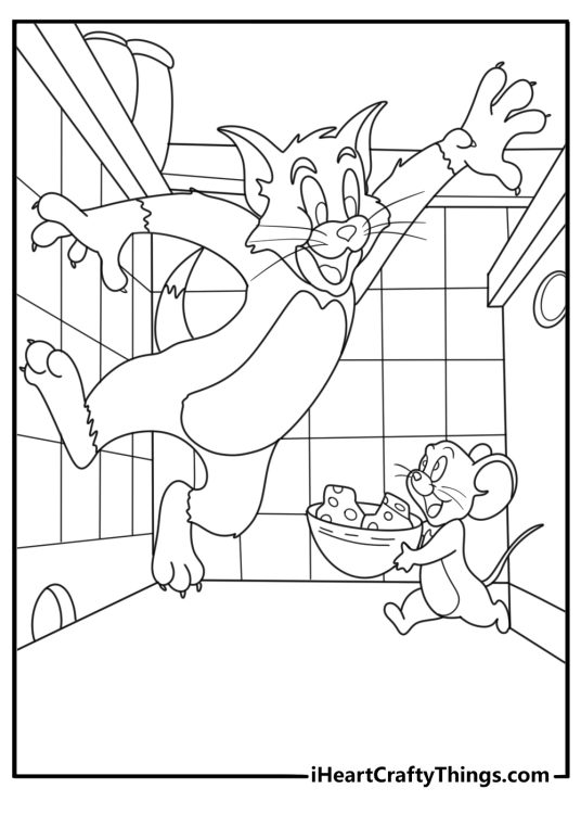 Tom chasing Jerry through a kitchen with pots and cheese detailed coloring page for adults