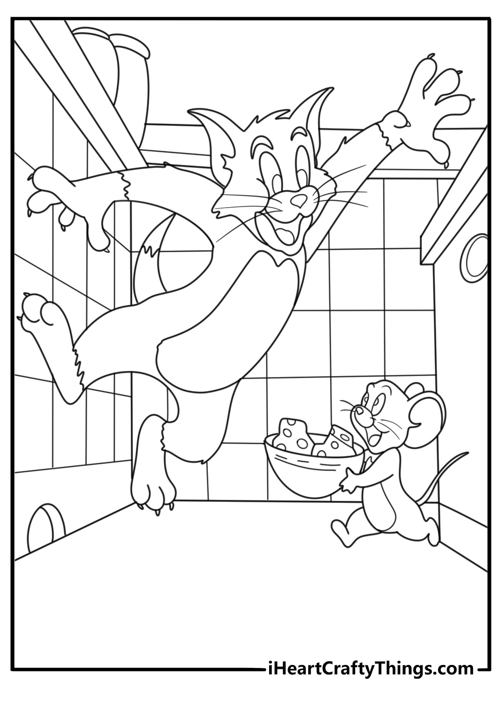 Tom chasing Jerry through a kitchen with pots and cheese detailed coloring page for adults