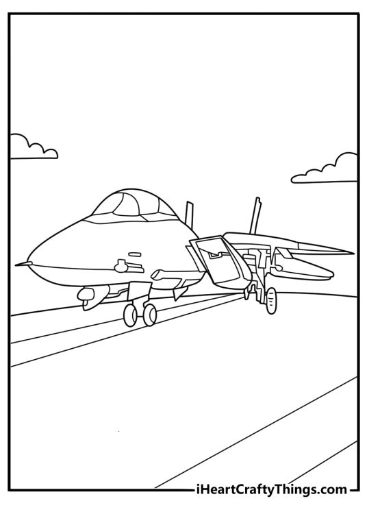 Top Gun fighter jet on carrier deck detailed coloring page